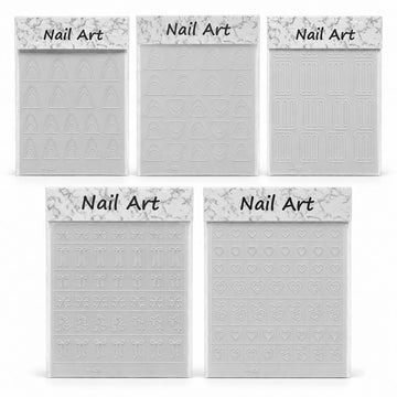 Five nail art stencil sticker sheets featuring French tip guides, straight stripes, bows and hearts, displayed on a white background.
