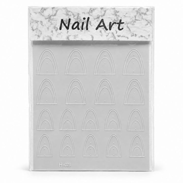H-028 nail art stencil sticker sheet with curved French tip guides in assorted sizes, displayed in clear packaging.
