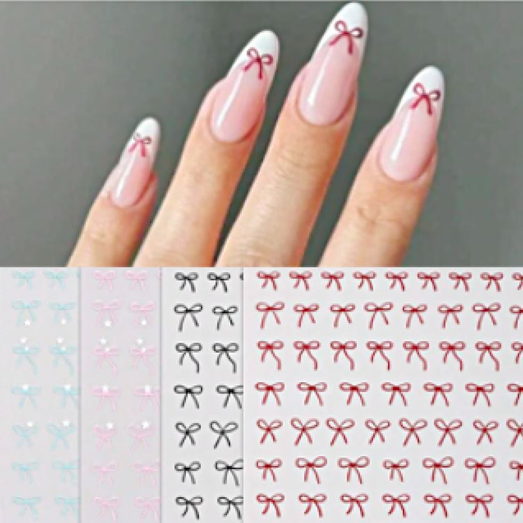 NSI Australia Bow Nail Art Stickers – 4-colour pack (pink, sky blue, red & black) ribbon decals with French tip manicure example