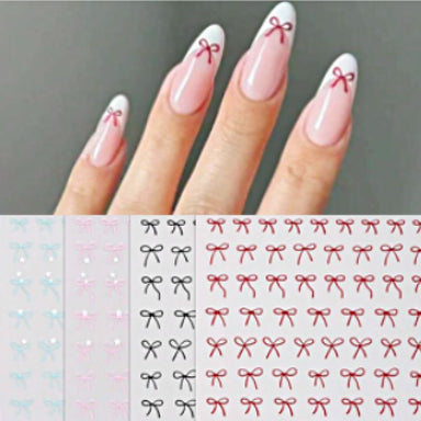 NSI Australia Bow Nail Art Stickers – assorted red, black, pink and sky blue ribbon decals with sample French tip manicure shown