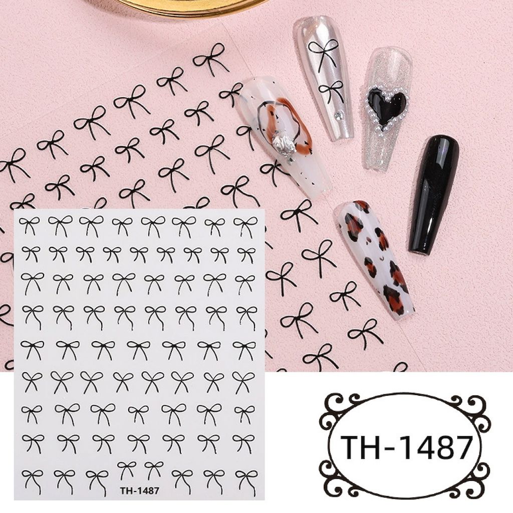NSI Australia Black Bow Nail Art Sticker Sheet TH-1487 – black ribbon bow decals for gel or acrylic nails, sample manicure designs shown