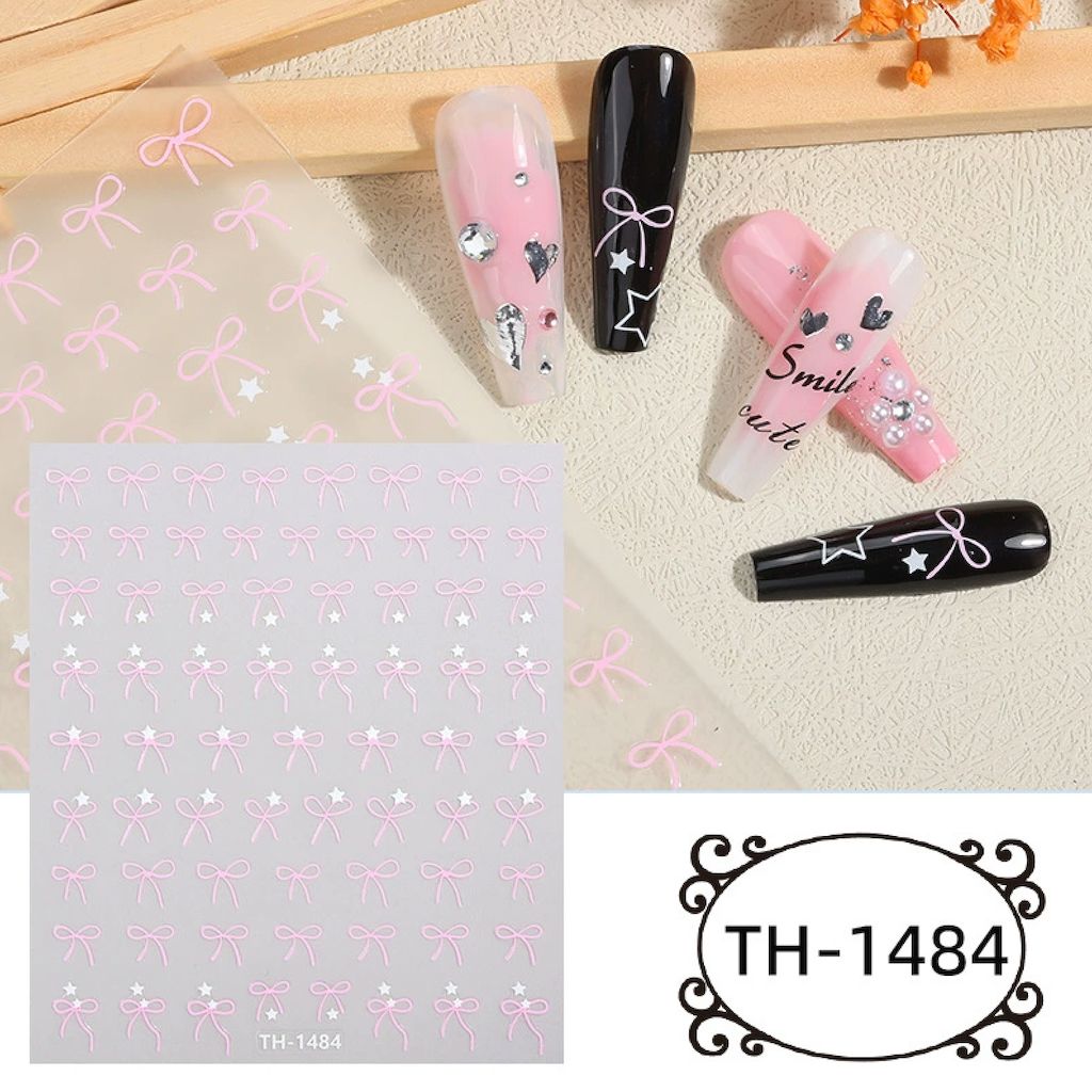 NSI Australia Pink Bow Nail Art Sticker Sheet TH-1484 – light pink ribbon bows with white star decals for gel or acrylic nails, sample designs shown