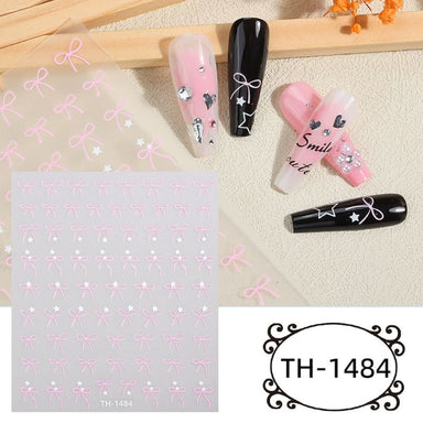 NSI Australia Pink Bow Nail Art Sticker Sheet TH-1484 – light pink ribbon bows with white star decals for gel or acrylic nails, sample designs shown