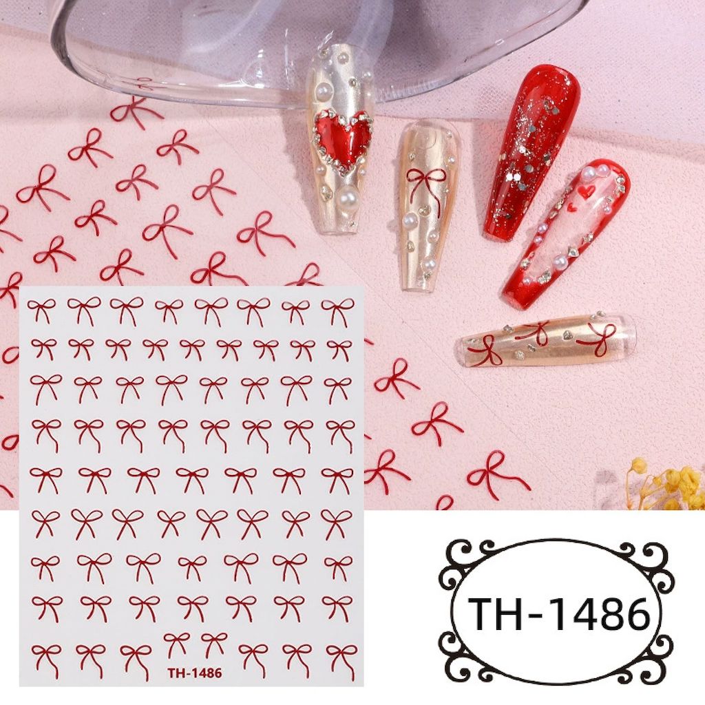 NSI Australia Red Bow Nail Art Sticker Sheet TH-1486 – red ribbon bow decals for gel or acrylic nails with sample manicure designs shown