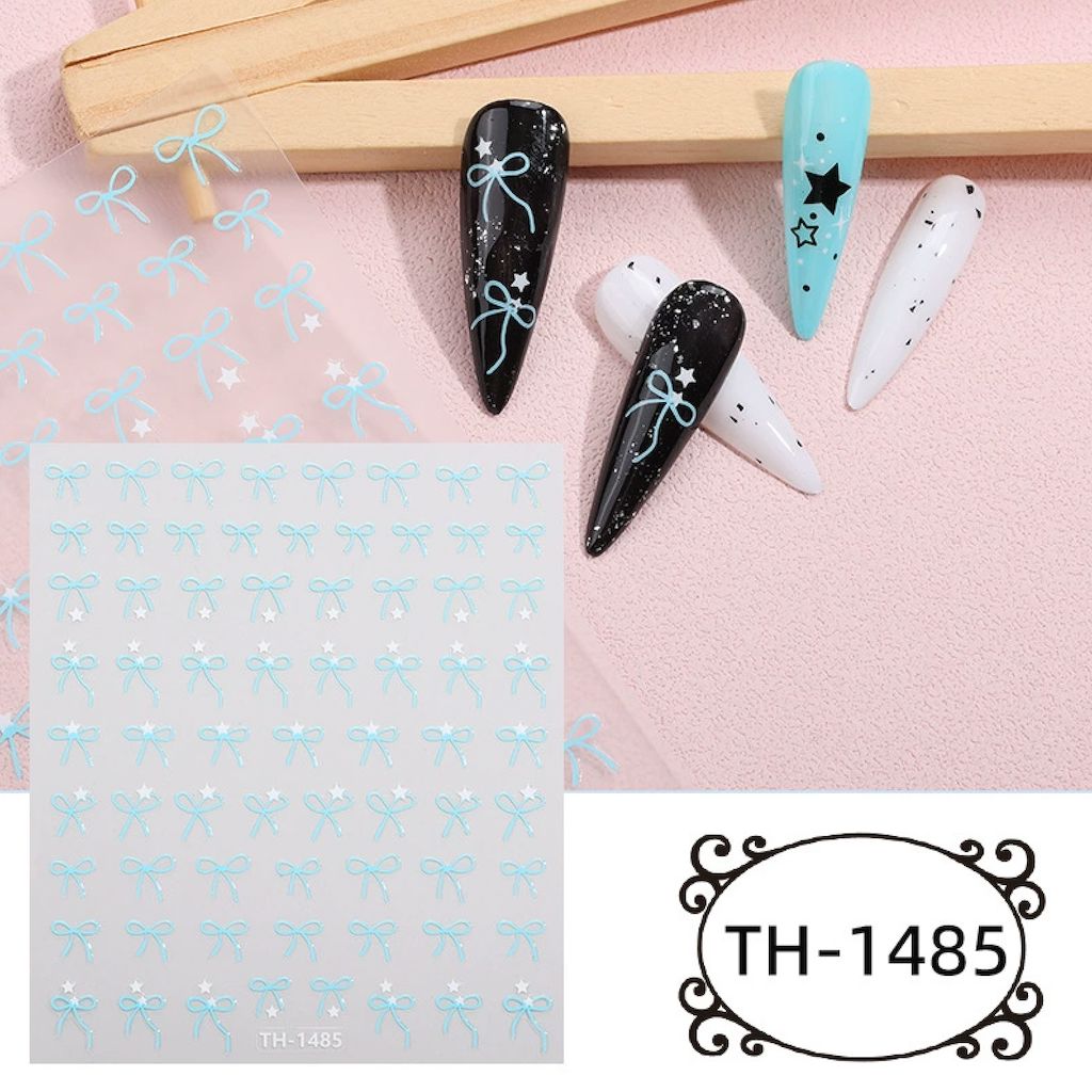 NSI Australia Sky Blue Bow Nail Art Sticker Sheet TH-1485 – sky blue ribbon bows with white star decals for gel or acrylic nails, sample designs shown