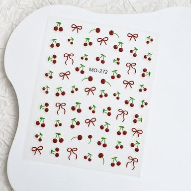 NSI Australia Cherry Bow Nail Art Sticker Sheet MO-272 – red cherry and ribbon bow decals with green stems for gel or acrylic nails