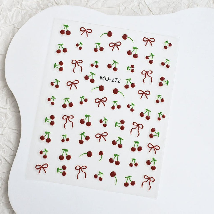 NSI Australia Cherry Bow Nail Art Sticker Sheet MO-272 – red cherry and ribbon bow decals with green stems for gel or acrylic nails