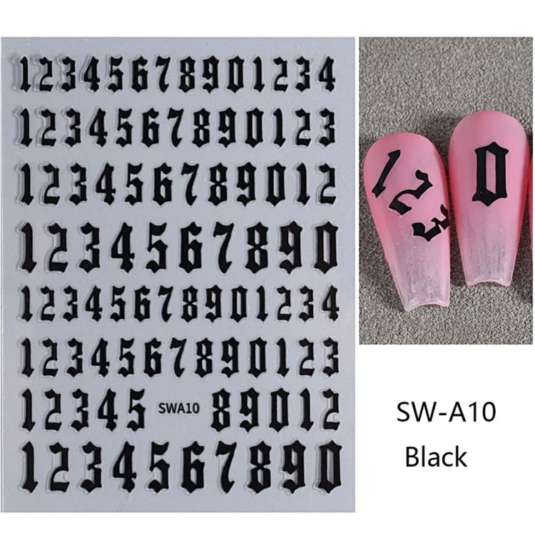 Black old English number nail art sticker sheet with example pink nail tips showing 12 and 0 decals.