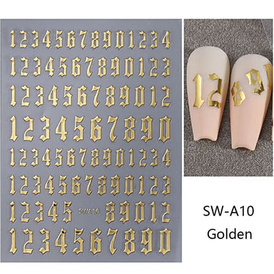 Gold old English number nail art sticker sheet with example nude nail tips showing 12 and 89 decals