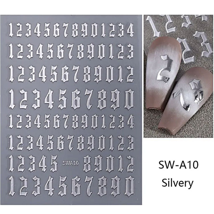 Silver Old English number nail art stickers SW-A10 for custom nail designs