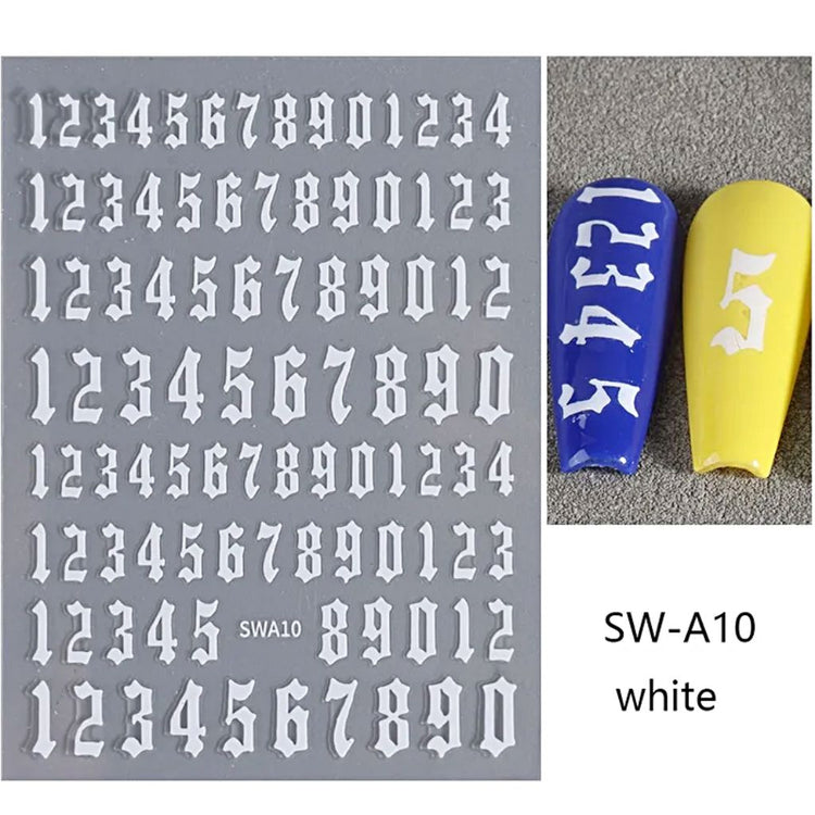 White Old English number nail art stickers SW-A10 for custom nail designs