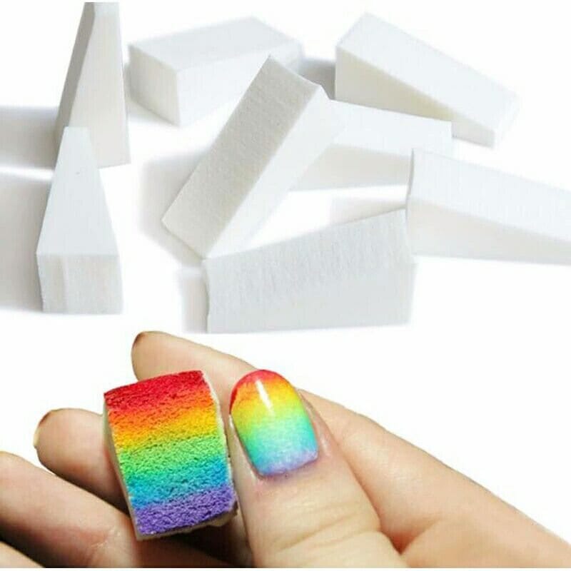 NSI Australia Nail Art Triangle Sponges—10-pack white wedge sponges for ombré gradients; rainbow demo on fingernail