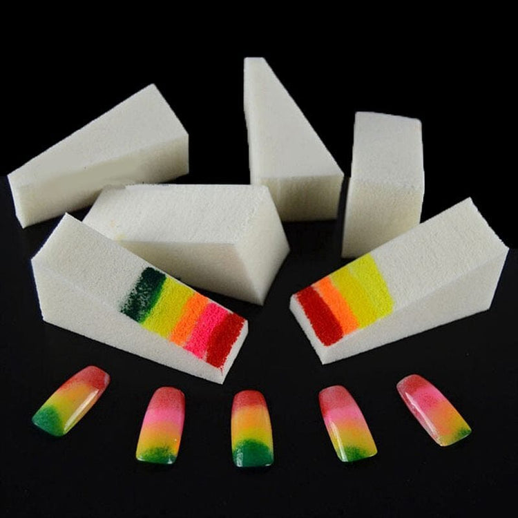 NSI Australia Nail Art Triangle Sponges—10-pack wedge sponges for ombré gradients; rainbow demo on nail tips