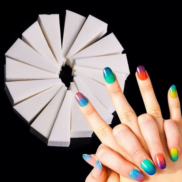 NSI Australia Nail Art Triangle Sponges—10-pack white wedge sponges for ombré gradient nails; rainbow manicure demo