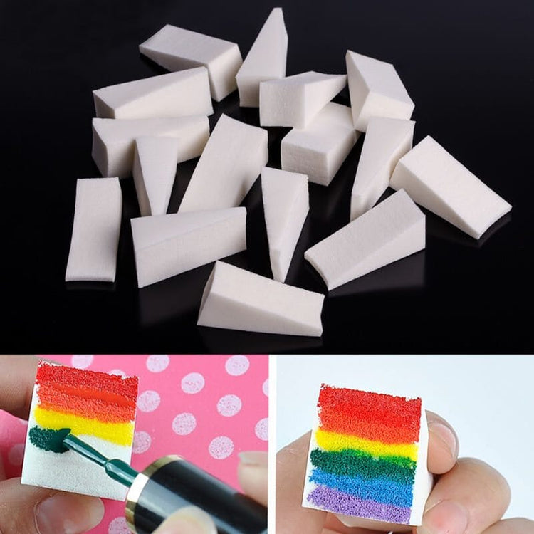 NSI Australia Nail Art Triangle Sponges—10-pack white wedge sponges for ombré gradients; rainbow paint demo