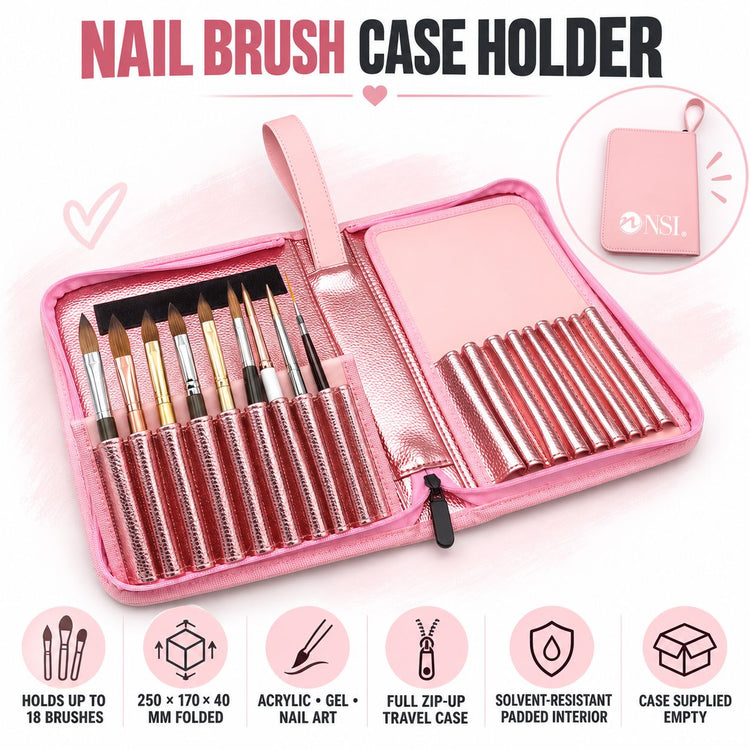 Pink NSI zip-up nail brush case with rose gold interior and slots for up to 18 brushes, shown open and closed.
