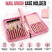 Pink NSI zip-up nail brush case with rose gold interior and slots for up to 18 brushes, shown open and closed.
