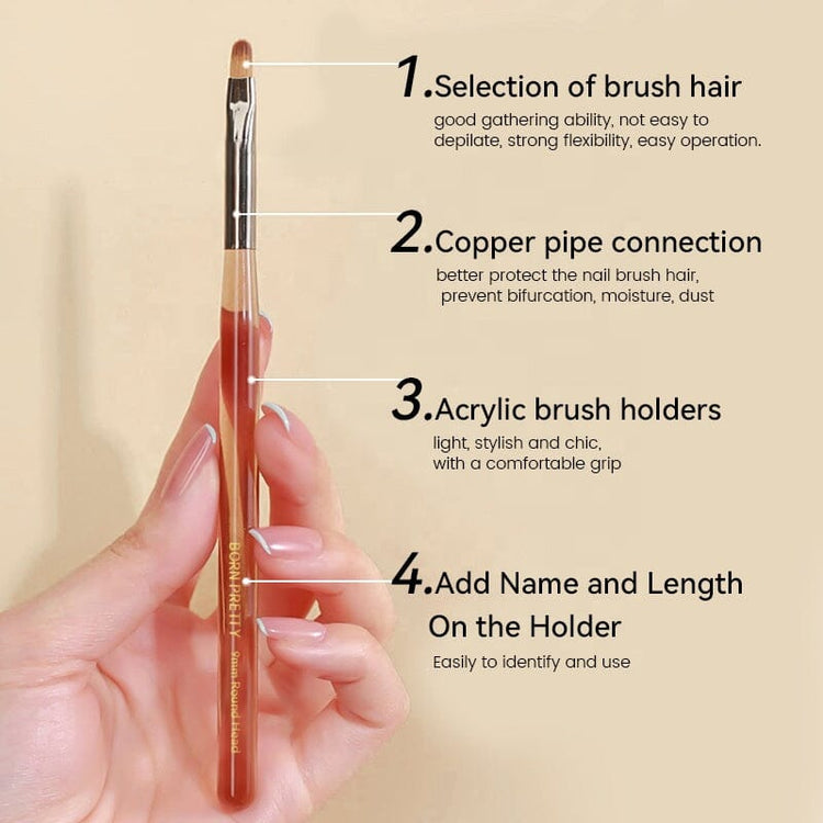 Born Pretty nail art brush close-up showing brush hair, copper ferrule and acrylic handle features
