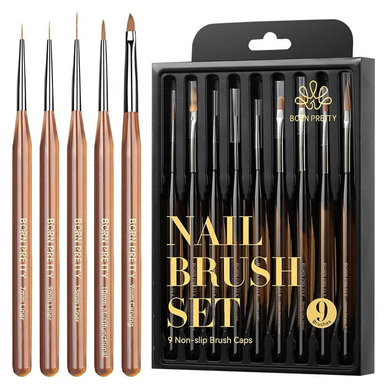 Born Pretty nail brush set 9pcs with liner and carving brushes, nail art brush kit in black gift box