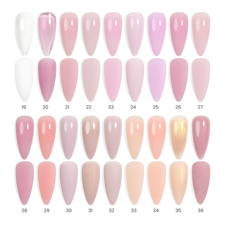 Nail Success Australia HEMA-free builder gel colour swatch chart shades 19–36