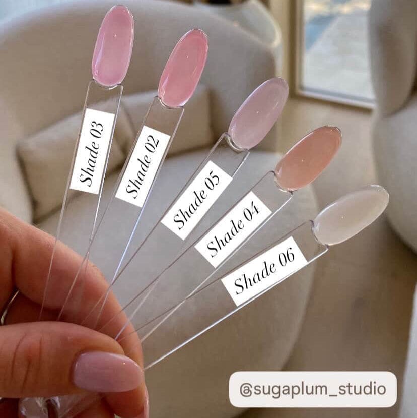 HEMA-free builder gel nail swatches — NSI Australia, Shades 02–06 in sheer pink, nude and milky tones on clear sample sticks
