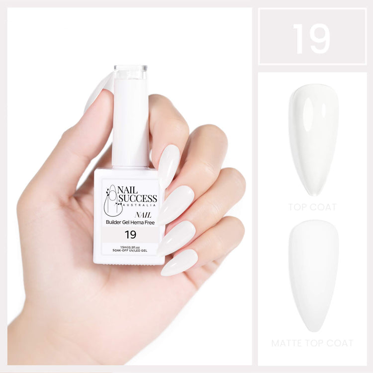 Nail Success Australia HEMA-free builder gel #19 Pearl White, 15ml bottle with white nail swatch