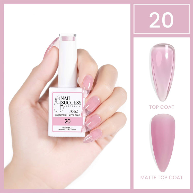 Nail Success Australia HEMA-free builder gel shade 20 sheer pink — bottle in hand with glossy top coat and matte swatches