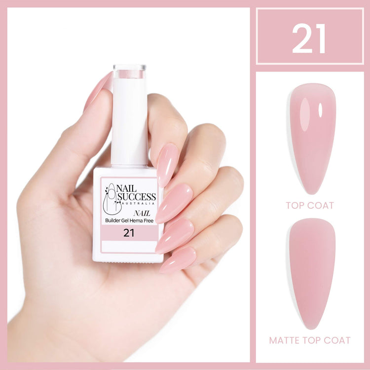 Nail Success Australia HEMA-free builder gel #21, 15ml bottle held in hand with soft pink nude nail swatch, glossy and matte finish