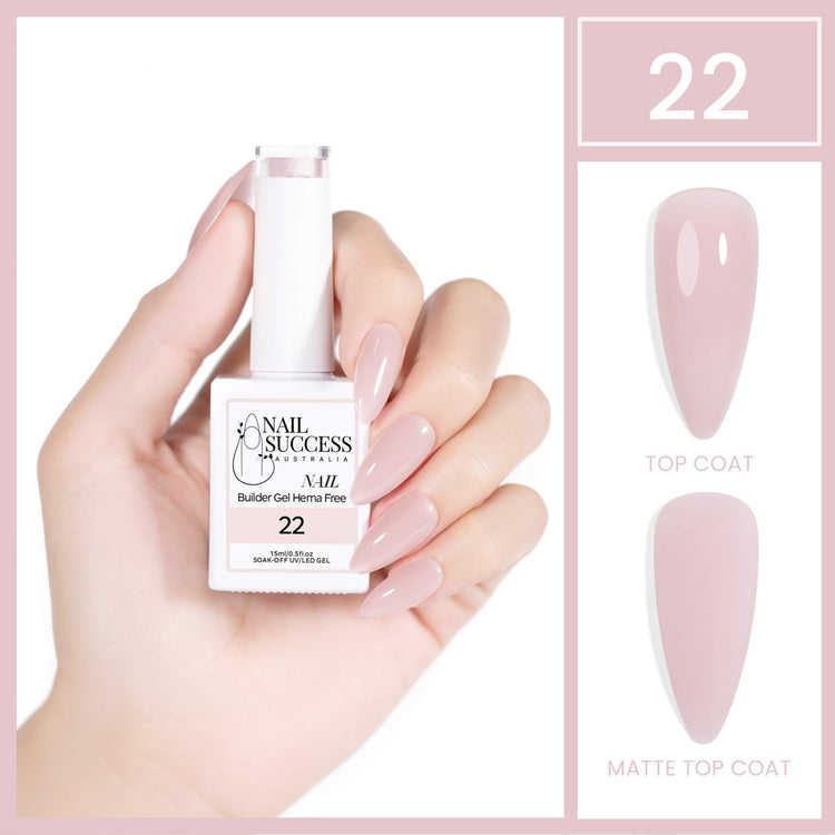 Nail Success Australia HEMA-free builder gel shade 22 soft nude pink — bottle in hand with glossy top coat and matte swatches