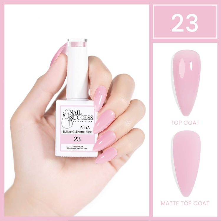 Nail Success Australia HEMA-free builder gel shade 23 baby pink — bottle in hand with glossy top coat and matte swatches