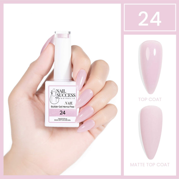 Nail Success Australia HEMA-free builder gel shade 24 lilac pink shimmer — bottle in hand with glossy top coat and matte swatches
