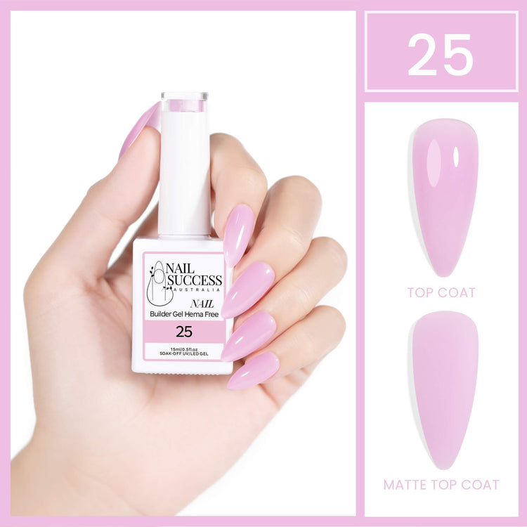 Nail Success Australia HEMA-free builder gel shade 25 pastel lilac pink — bottle in hand with glossy top coat and matte swatches