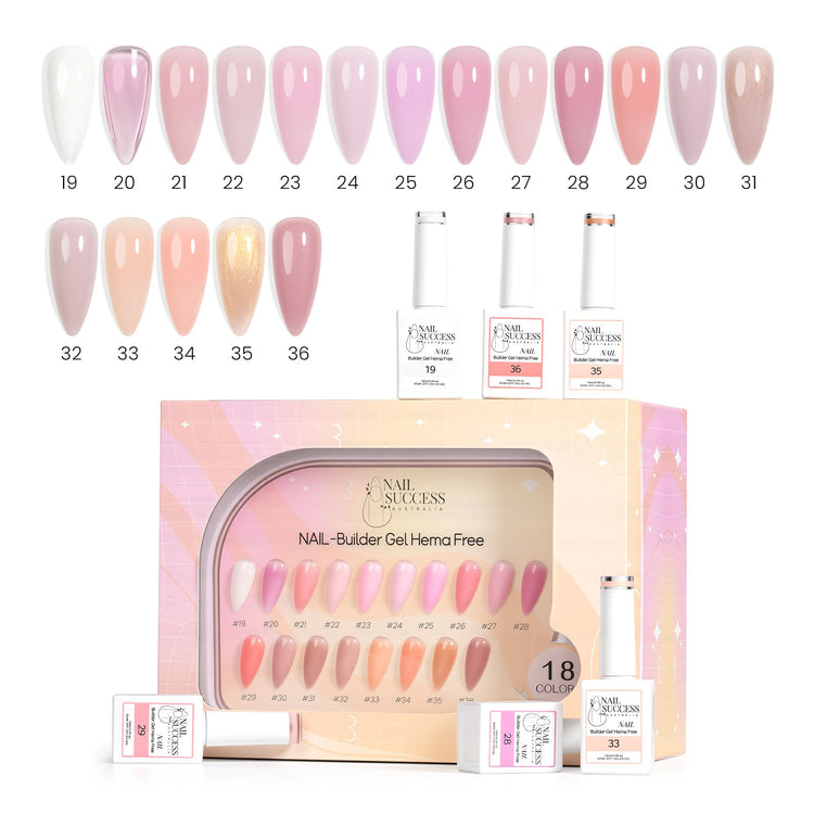 Nail Success Australia HEMA-free builder gel set with 18 colour swatch chart (shades 19–36) and bottles