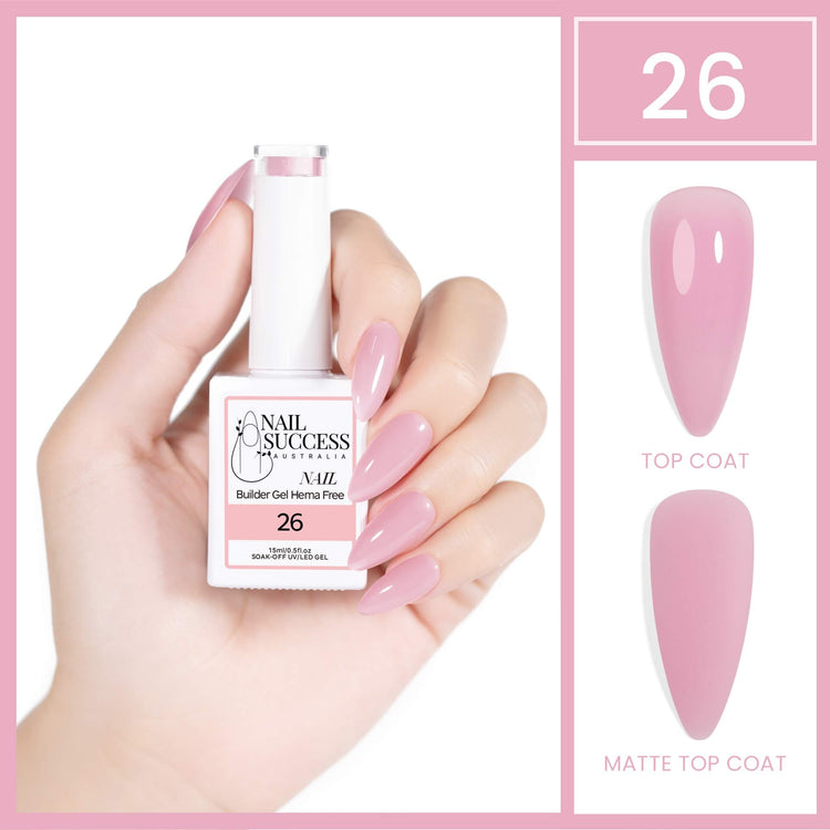 Nail Success Australia HEMA-free builder gel #26, 15ml bottle with soft pink nude nail swatch, glossy and matte finish