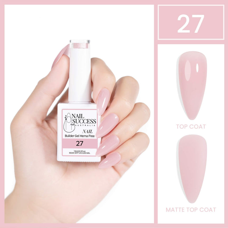 Nail Success Australia HEMA-free builder gel shade 27 blush nude pink — bottle in hand with glossy top coat and matte swatches
