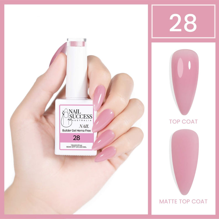 Nail Success Australia HEMA-free builder gel #28, 15ml bottle held in hand with pink rose swatch, glossy and matte finish