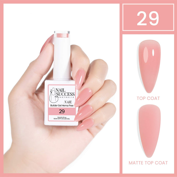 Nail Success Australia HEMA-free builder gel shade 29 peachy pink — bottle in hand with glossy top coat and matte swatches