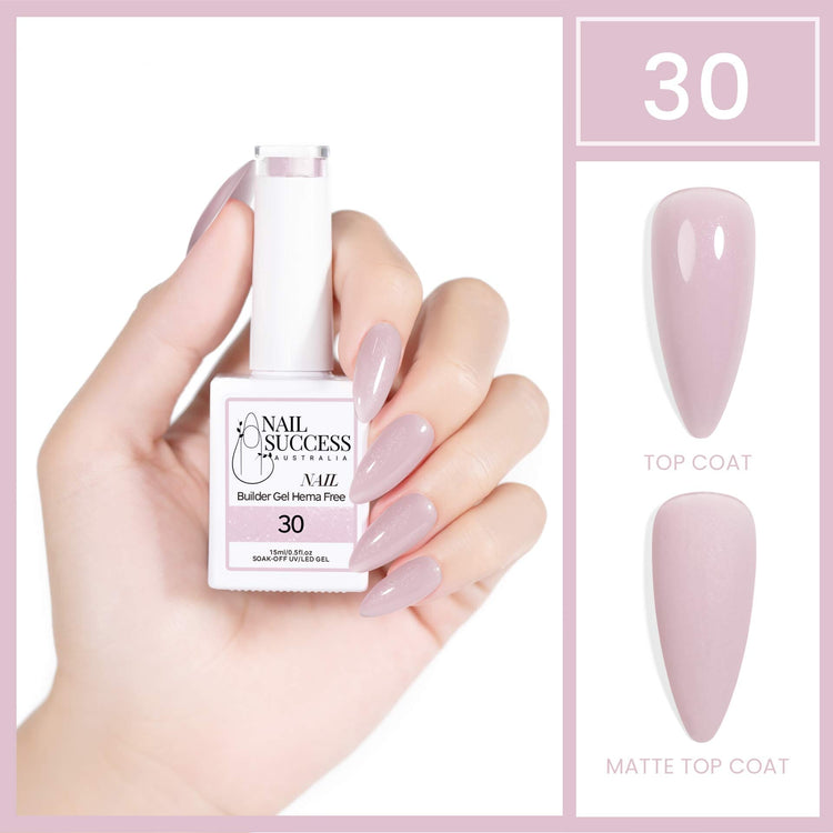 Nail Success Australia HEMA-free builder gel #30, 15ml bottle with soft lilac nude nail swatch, glossy and matte finish