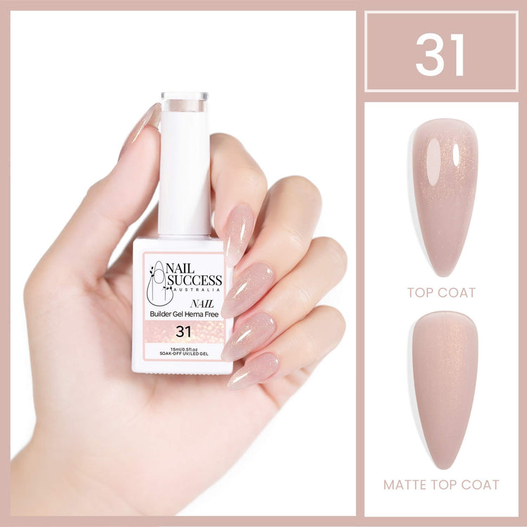Nail Success Australia HEMA-free builder gel #31, 15ml bottle with sheer nude shimmer nail swatch, glossy and matte finish