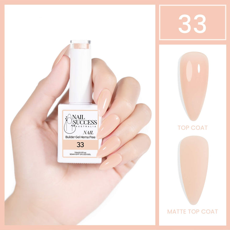 Nail Success Australia HEMA-free builder gel #33, 15ml bottle held in hand with nude peach swatch, glossy and matte finish