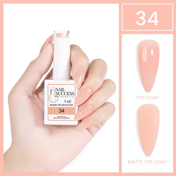 Nail Success Australia HEMA-free builder gel #34, 15ml bottle with peach nude nail swatch, glossy and matte finish