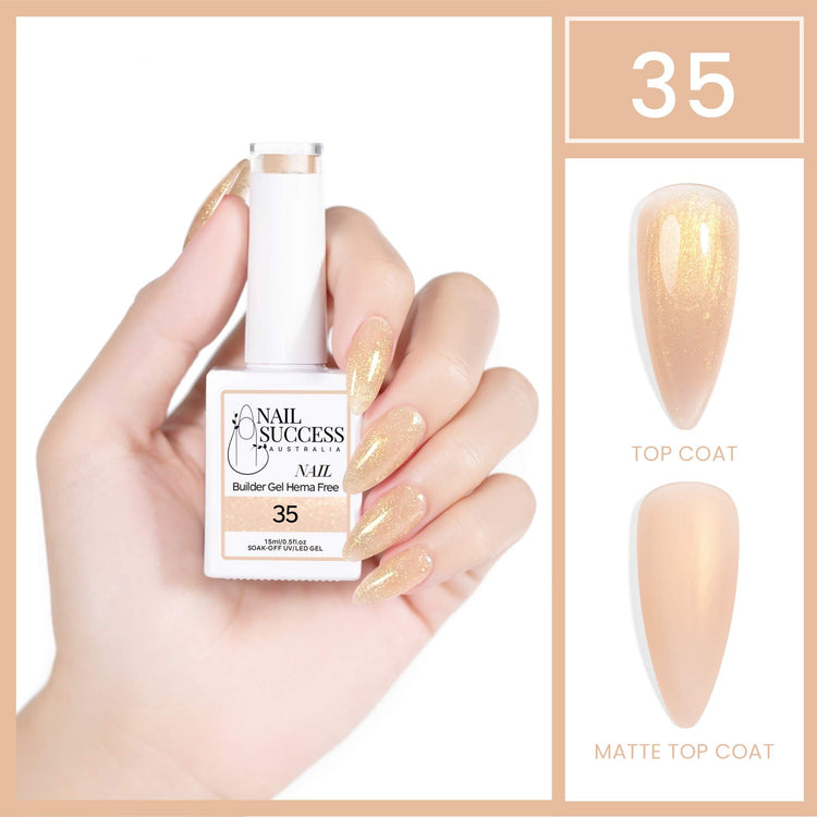 Nail Success Australia HEMA-free builder gel #35, 15ml bottle with nude champagne shimmer nail swatch, glossy and matte finish