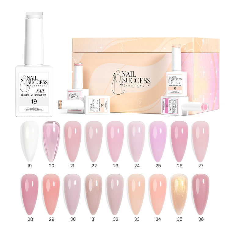 Nail Success Australia HEMA-free builder gel shade chart swatches 19–36 with gel bottles and gift box