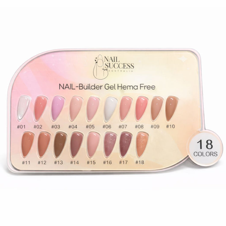 HEMA-free nail builder gel colour chart with 18 nude, pink and shimmer shades for professional salon nail extensions
