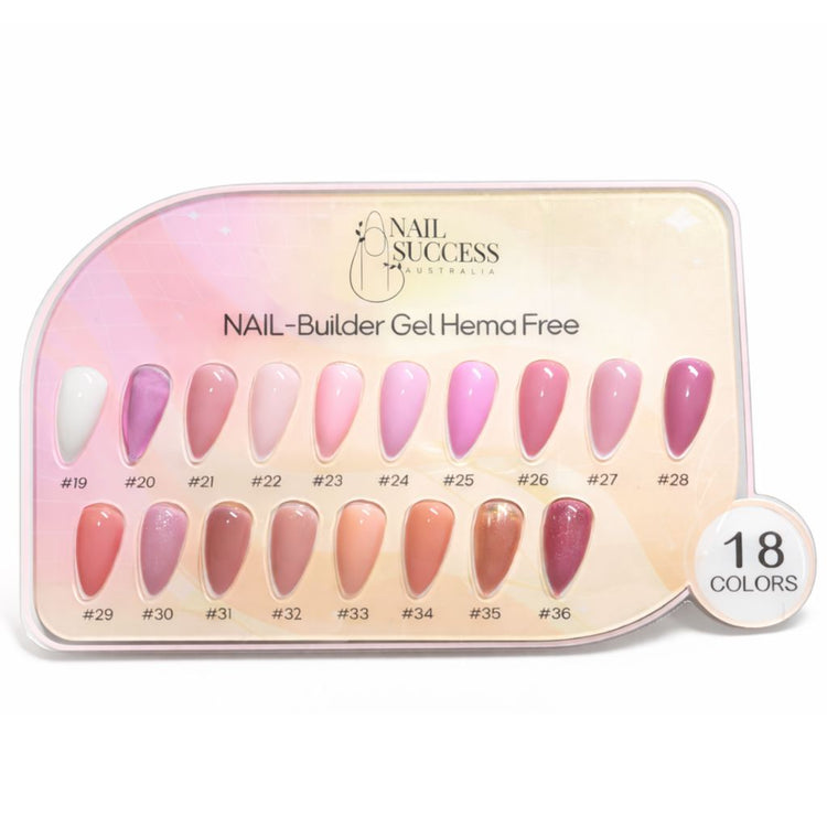 Nail Success Australia HEMA-free builder gel colour chart with shades 19 to 36