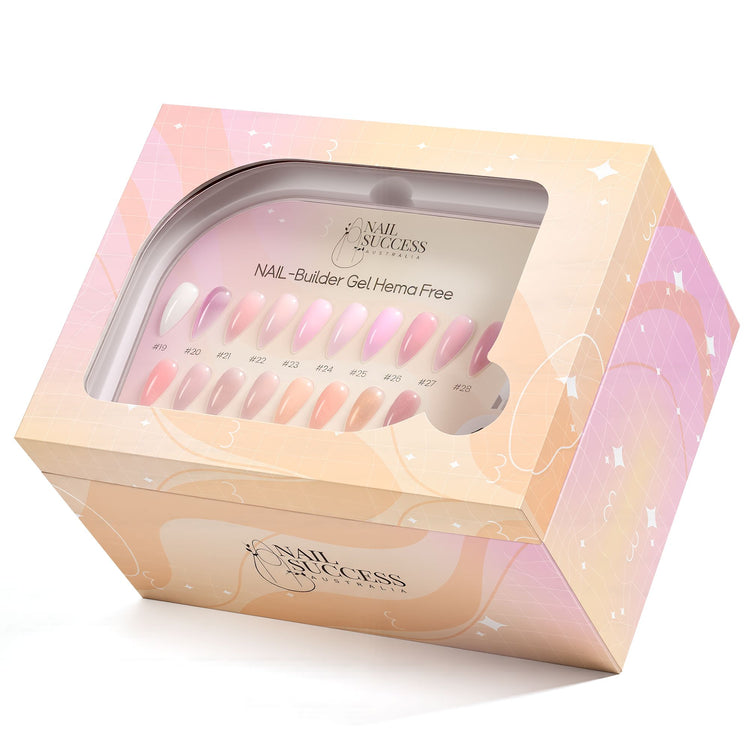 Nail Success Australia HEMA-free builder gel kit box with 18-colour swatch board shades 19–36