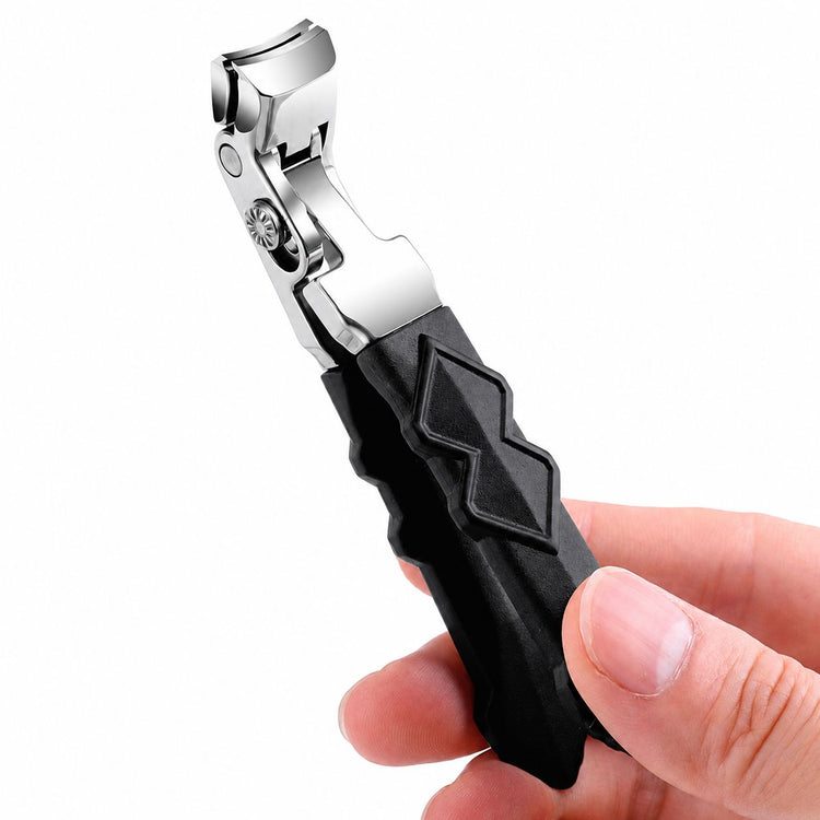 Anti-slip handle wide jaw nail clipper held in hand with black ergonomic grip and angled cutting head, NSI Australia