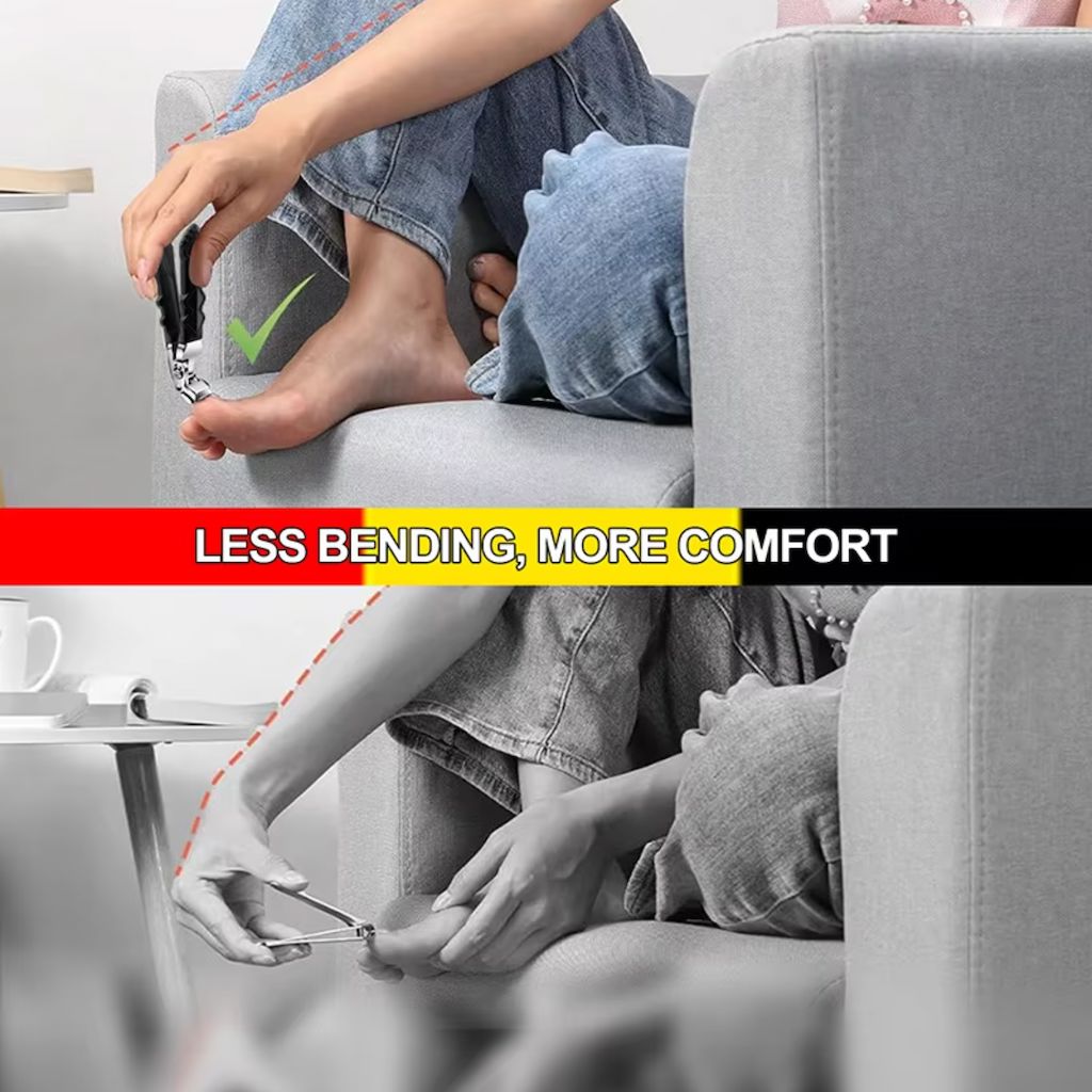 Wide-jaw nail clipper demo on toes — ‘LESS BENDING, MORE COMFORT’ comparison showing easier posture on a couch