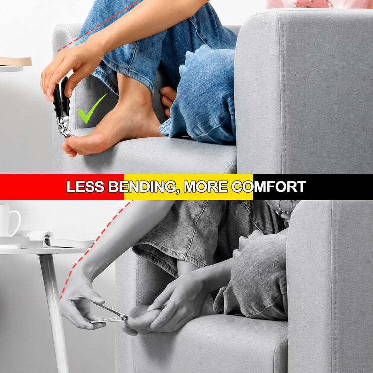 Anti-slip handle wide jaw nail clipper shown trimming toenails with less bending and more comfort, NSI Australia