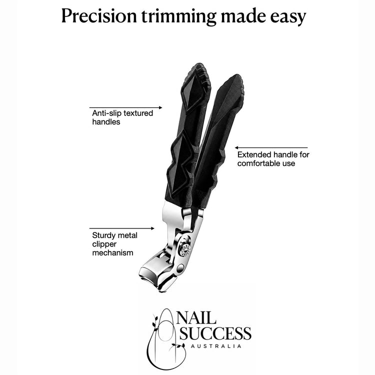 Nail Success Australia anti-slip handle wide jaw nail clipper features showing textured handles, extended grip and sturdy metal mechanism